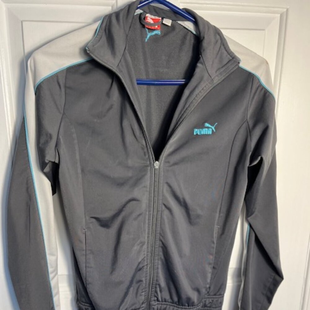 Puma warm up / basic jacket with gray, white, aqua colors, youth size small